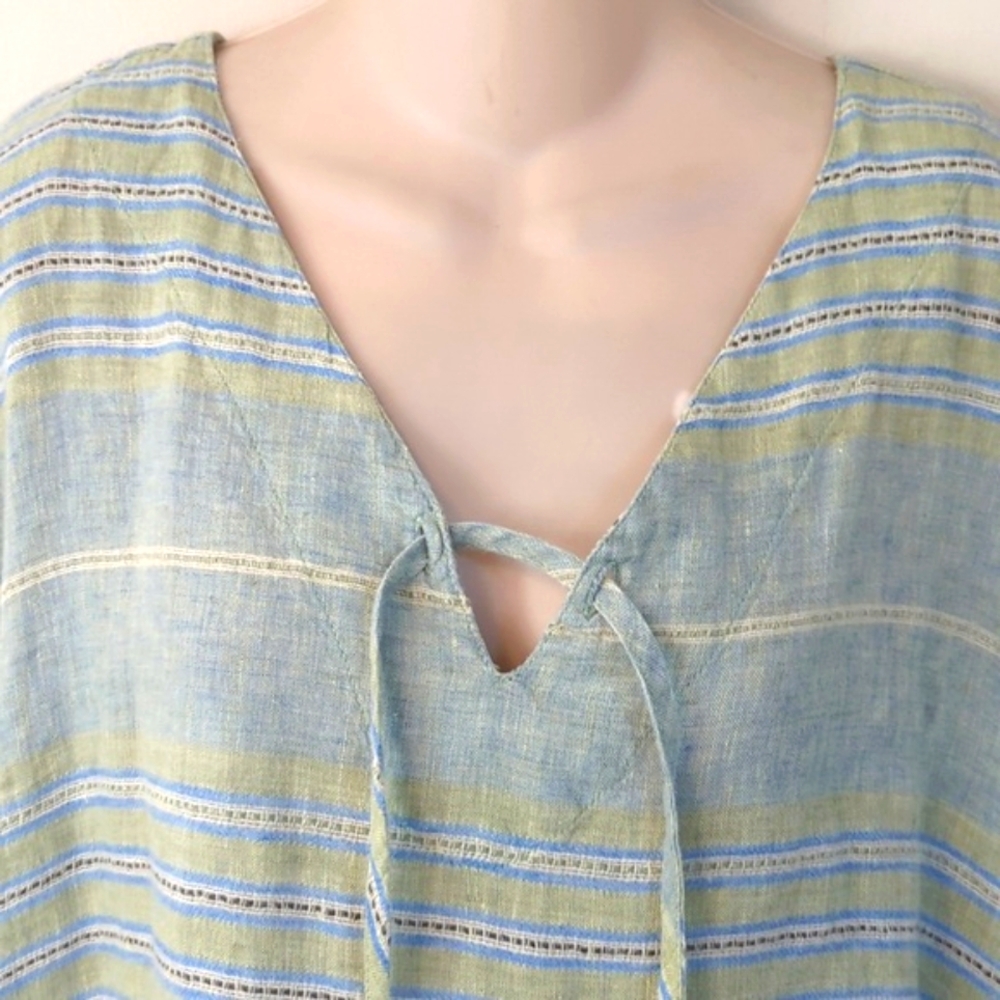 Flax Linen V Neck Striped Green Blue Dress L - Picture 4 of 14